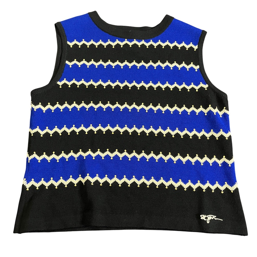 St John Sport Women Blue Black Wool Knit Sleeveless‎ Top Vest size L Gold Studs